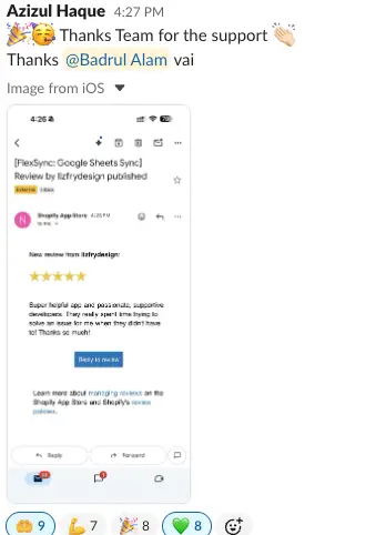 Slack message from Azizul Haque: 'Thanks Team for the support 🎉 Thanks @Badrul Alam vai', quoting the Shopify App Store review email from lizfrydesign, with 32 emoji reactions.