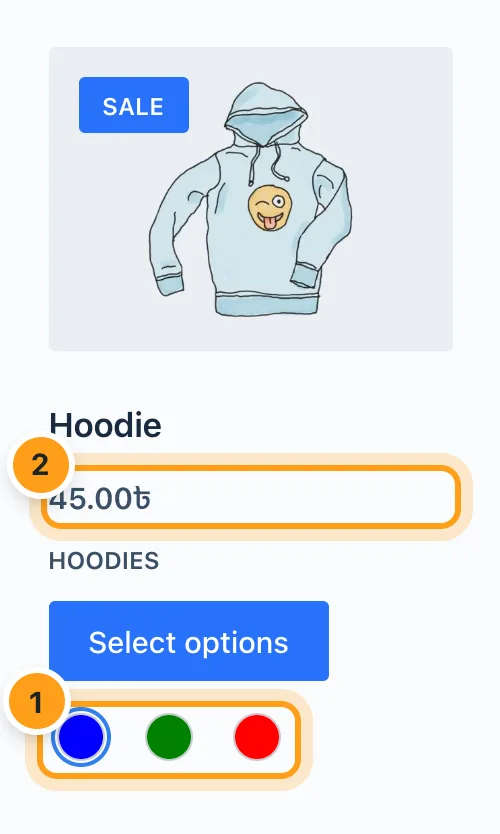 A WooCommerce shop card with colour swatches: the chosen colour carries a ring and the card photo and price follow it.