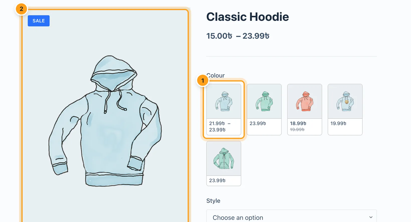 Hovering a tile swatch shows that colour in the main WooCommerce product image.