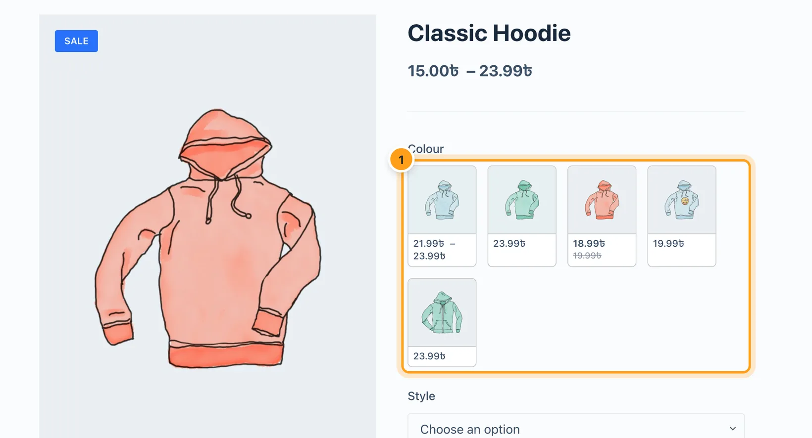 A WooCommerce product page with tile swatches: each colour shows its own variation photo with its price underneath.