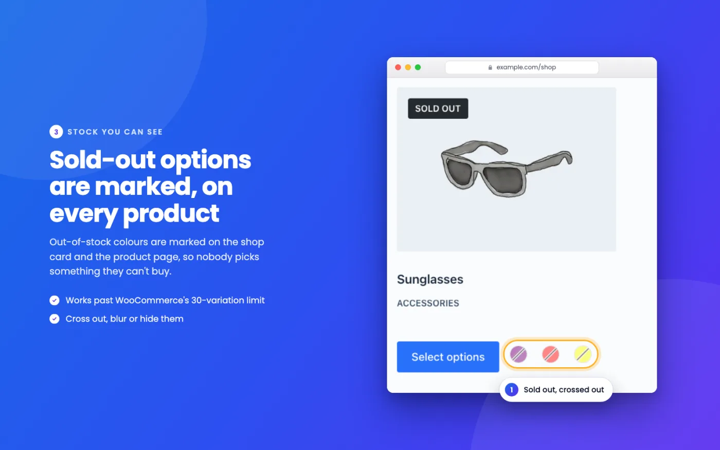 WooCommerce shop cards with colour swatches where out-of-stock options are crossed out, made with KABAA Swatches.